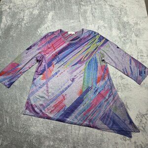 Jess & Jane Top Womens XL Purple Shiny Artsy Asymmetrical Hem Burnout Tunic